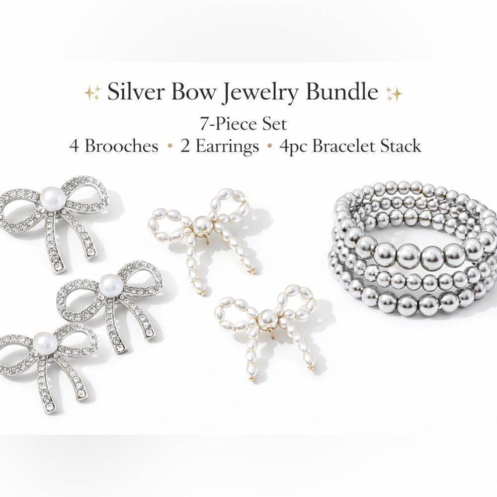Silver Bow Jewelry Bundle: 4 Brooches, 2 Earrings & 1 Bracelet 4 Stack Set. New!